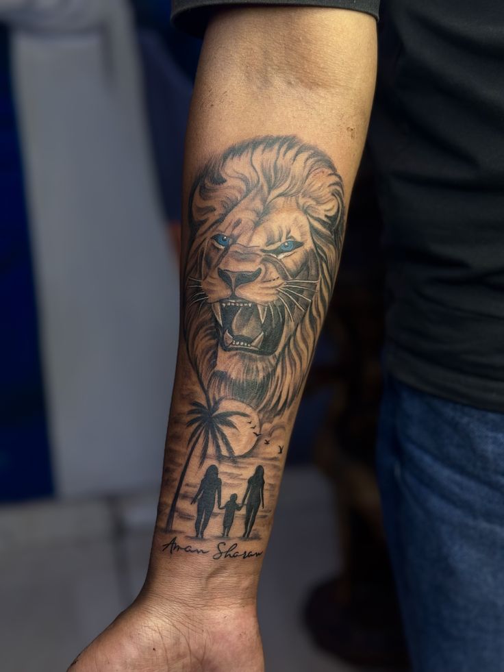 Roaring lion with family silhouette tattoo